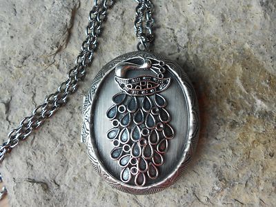 PEACOCK ANTIQUED SILVER LOCKET - QUALITY - BIRD, PEAFOWL