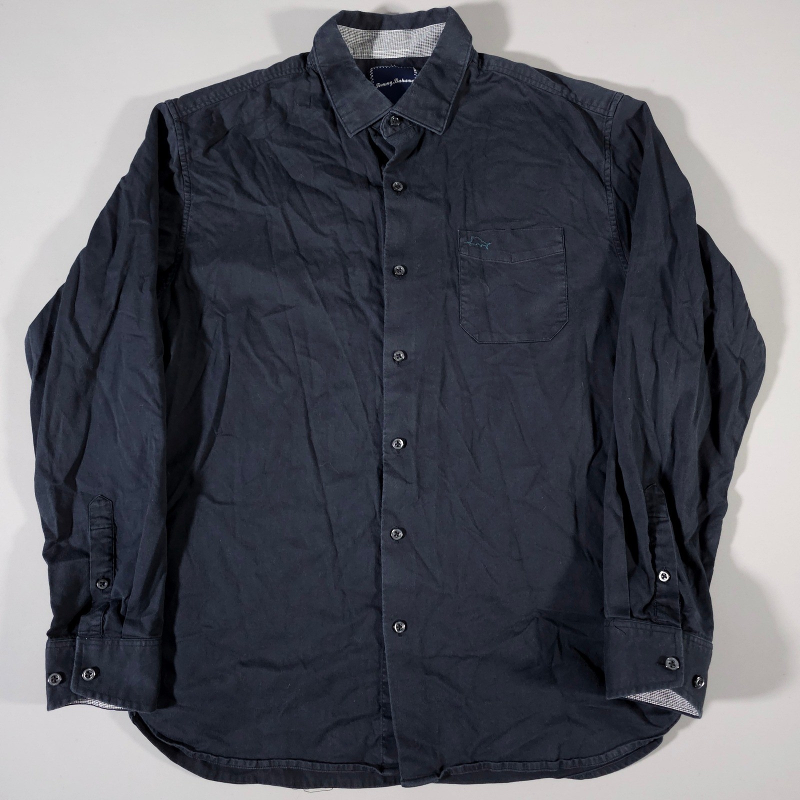 Tommy Bahama Button Down Shirt Mens L Navy Blue Cotton Silk Blend Long Sleeve