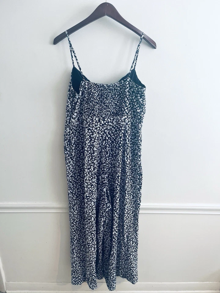 J. Crew Jumpsuit Sz 10 Wide Leg Floral Smocked Blue White Sleeveless Tie Front - Image 2 of 4