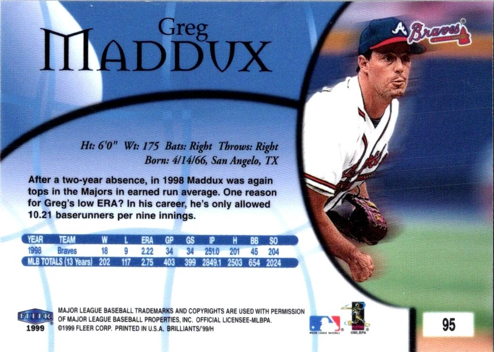 1999 Fleer Brilliants #95 Greg Maddux - Image 2 of 2