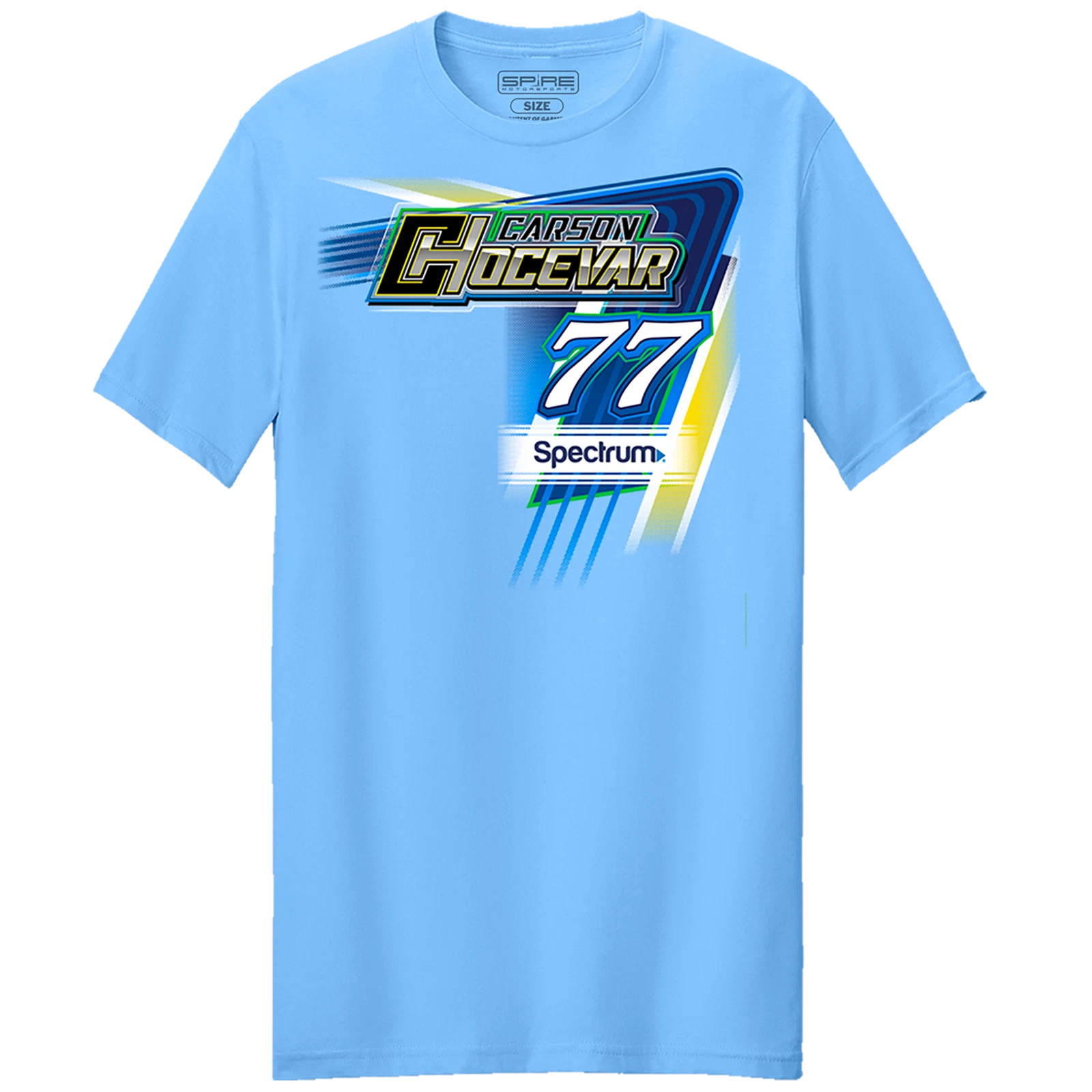 Men's Spire Motorsports Light Blue Carson Hocevar #77 Spectrum Double Sided T-Shirt