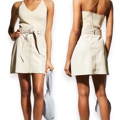 Nanushka Cream Vegan Leather A-Line Belted Mini Skirt XS New with tag