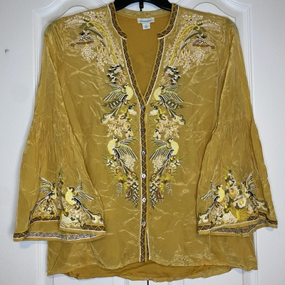 #ad Sundance Catalog Yellow Embroidered Bird Golden Hopes Top Size S $42.95