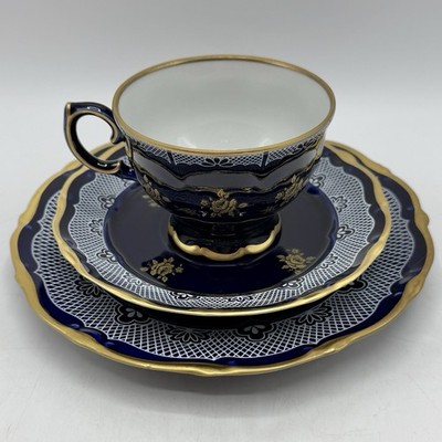 Vintage Lichte Echt Cobalt 3pc Porcelain Dessert Set Cup Saucer Plate GDR /cb