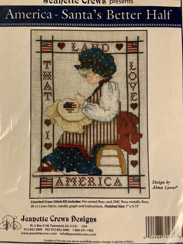 VTG America ~Santa’s Better Half ~ Patriotic Cross Stitch Kit ~ Alma Lynne HTF!