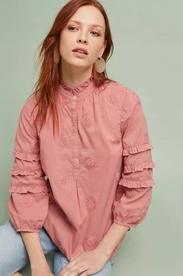 ANTHROPOLOGIE Pink Ruffle Trim ISABELLA SINCLAIR 3/4 Sleeve Top or Blouse Sz S