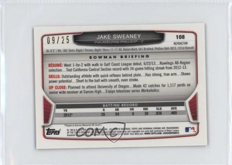 2013 Bowman Chrome Minis Black Refractor /25 Jake Sweaney #108 - Image 2 of 2