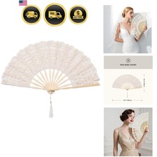 Cotton Lace Folding Handheld Fan Embroidered Bridal Hand Fan with Bamboo Stav...