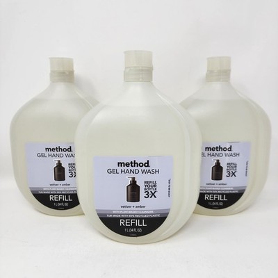 Method Gel Hand Wash Refill, Vetiver + Amber, 1 Liter Tub, 34 fl oz (3 Pack)