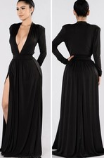 Fashion Nova Maxi Dress Size S Stretchy Black High Slit Low Cut Elegant Party