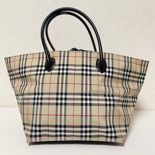 Burberry Nova Check Tote Bag Leather Nylon Beige Large Authentic Pre-Owned
