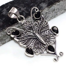 Butterfly Black Onyx Faceted 925 Silver Plated Gemstone Pendant 2.2" JW