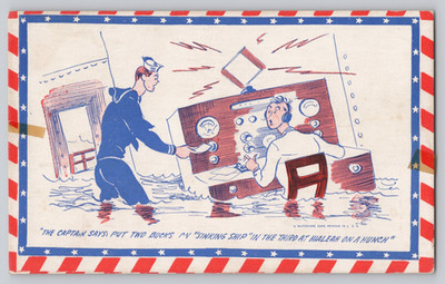 Postcard Captain Says Put Two Bucks Smoking Ship Comic Patriotic