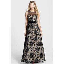 Eliza J Illusion Mesh Yoke Ball Gown Dress Size 6 Black Floral Velvet Trim Lined