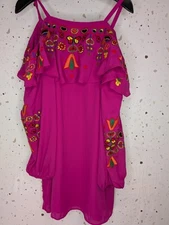 Va Va Joy Han Dress Leela open shoulder flounce layer embroidery pink Large