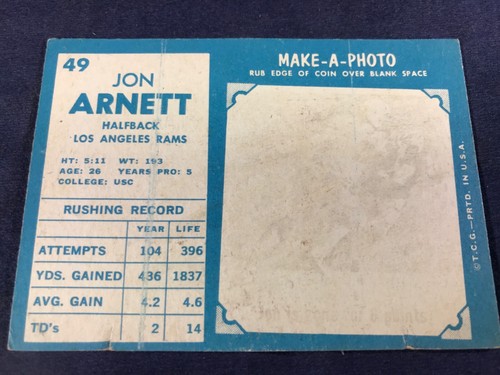 Y3-68 FOOTBALL CARD - JIM ARNETT - LOS ANGELES RAMS - 1961 TOPPS - CARD #49 - Picture 2 of 2