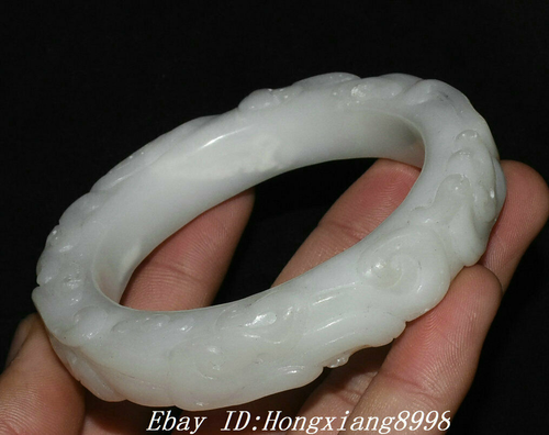 Old China Natural Hetian White Jade Carving Dragon Beast Pattern Bracelet Bangle