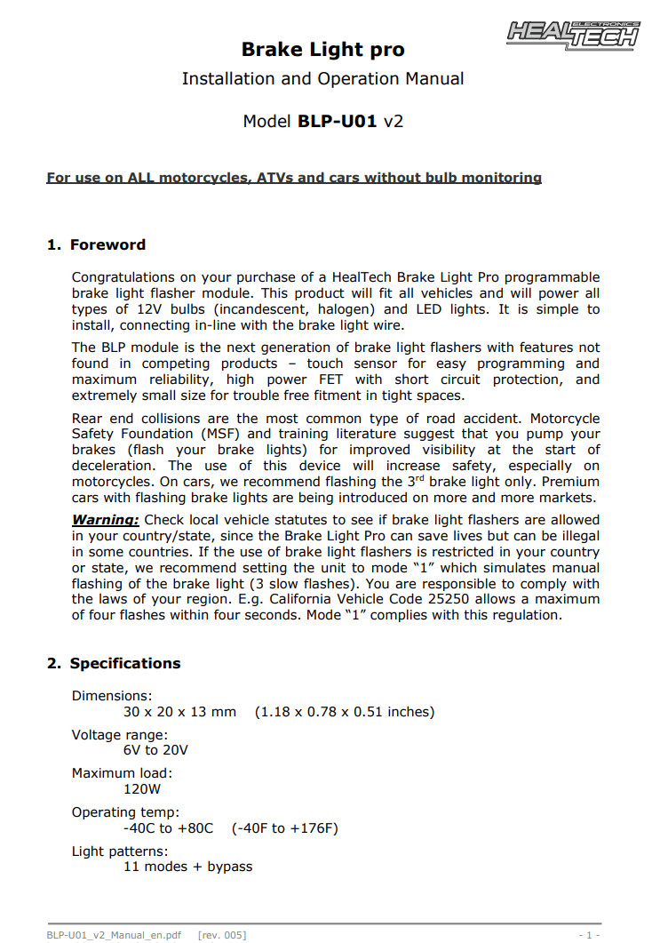 MV Agusta Brutale 1090 [non-ABS] 2010 2016 Healtech Brake Light pro BLP-U01