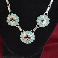 Navajo Turkus, MOP, Koral, Czarny Onyks 3 SŁOŃCA Sygnowany JL w zapięciu Sterling 18"/1"