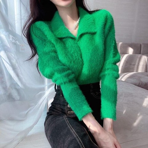 Women Faux Mohair Sweater Jumper Short Knitted Pullover Top Winter Warm Fashion - Picture 8 of 16
