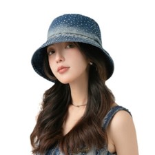 Lady Rhinestone Denim Sun Hats Wide Brim Outdoor Hiking Fishing Bucket Cap Sweet