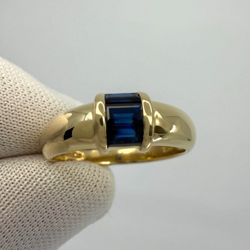 Tiffany & Co. Blue Sapphire Baguette Cut 18k Yellow Gold Three Stone Band Ring - Picture 7 of 9