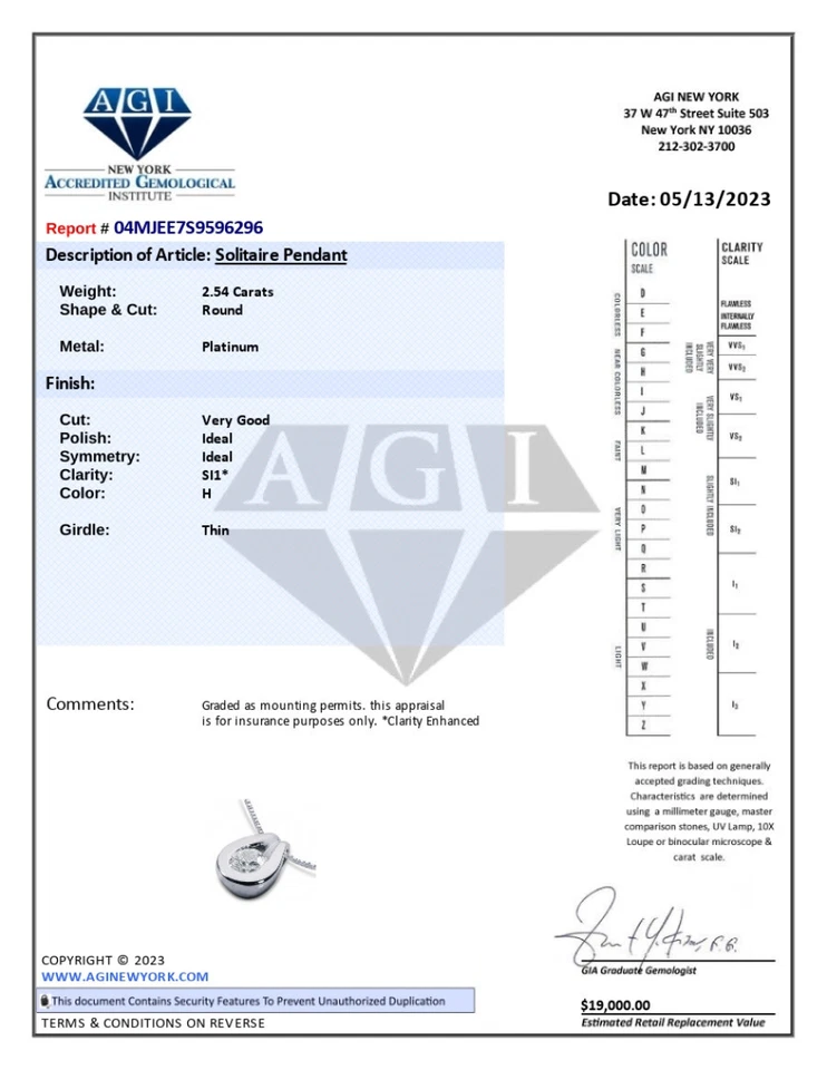 2.54ct H SI1 Round Cut Earth Mined Certified Diamond Platinum Solitaire Pendant - Image 3 of 3