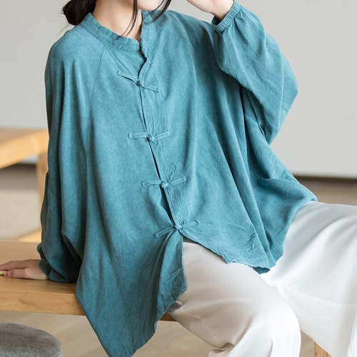 Damen Baumwolle Leinen Bluse Shirt Top Frosch Knopf Ethno Fledermausärmel Shirt locker - Bild 10 von 22
