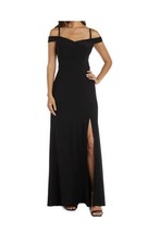 Nightway Gown Women&rsquo;s Size 4 Black Sateen Cold-Shoulder Deep Slit Floor Length