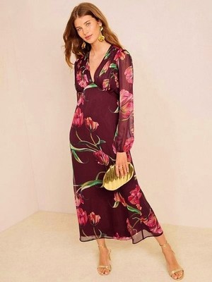 FRIENDS LIKE THESE (NEXT) BURGUNDY MULTI PLEAT CHIFFON MIDAXI MAXI DRESS 14 BNWT