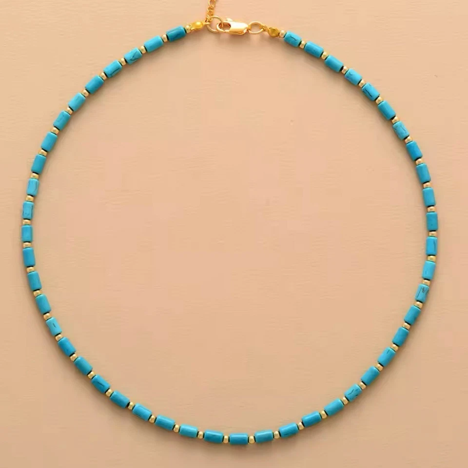 NUEVO CON ETIQUETAS Collar Gargantilla Boho Cuentas Turquesa y Cuentas Chapadas en Oro 18K 16” Western