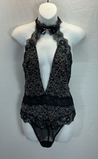 New Victoria's Secret Black Sheer Floral Lace Halter Thong Teddy Bodysuit Size L