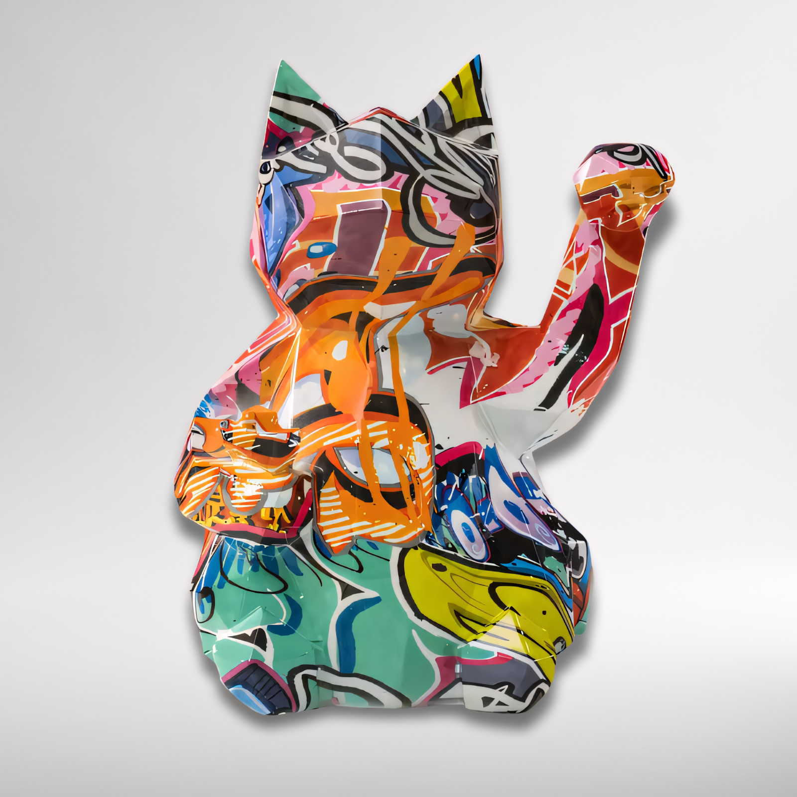Sculpture chat porte-bonheur abstrait arc-en-ciel en résine colorée de 25cm pour salon