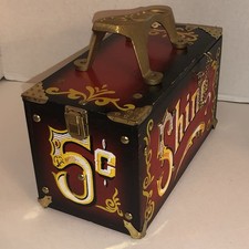Vintage 5 Shine Wooden Shoe Shine Box Trunk w/ Cast Iron Stand Interpur Circus