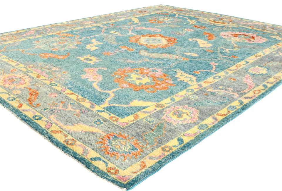 Handmade Muted Blue Floral Oushak Chobi Oriental Rug Farmhouse Carpet 8X10 ft - Image 3 of 4
