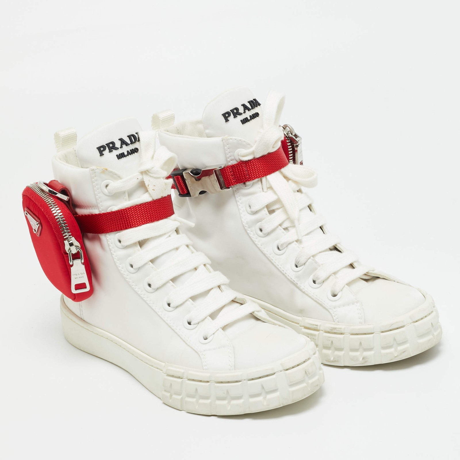 Prada White Nylon Triangle Pouch Pocket High Top Sneakers Size 37 thumbnail 4