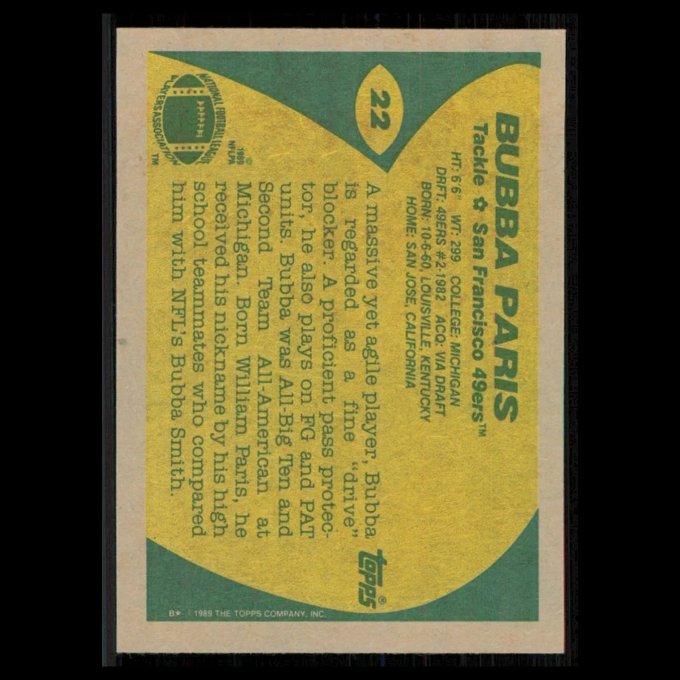 Bubba Paris #22 1989 Topps San Francisco 49ers Football Card NFL NM - Image 2 of 3