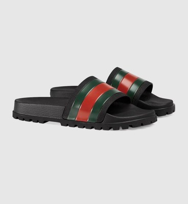 Gucci Web Men's Rubber Slide Sandal - Black w/ Green/Red Stripe - Eu 44 New