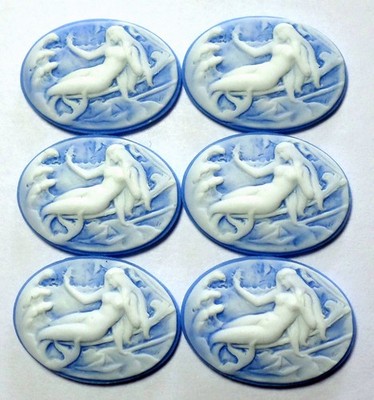 8 Vintage White/Blue 25x18mm Single Mermaid Horizontal Resin Cameos Cabochons