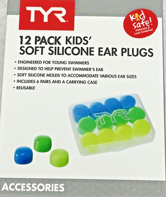 TYR 12-Pk Kids' Soft Silicone Ear Plugs Multicolor w/ Carrying Case Reusable