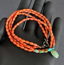Vintage Natural Undyed Red Coral & Turquoise Bead Necklace Sterling Silver Clasp
