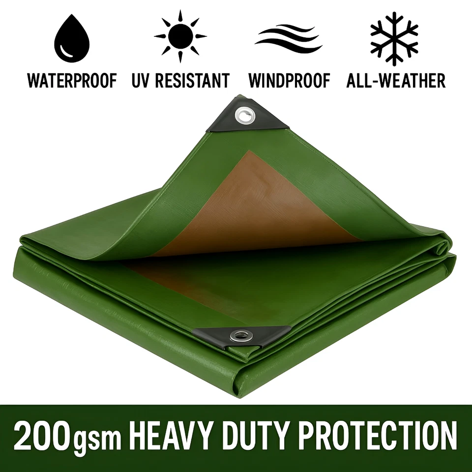 SOLADIRECT Green/Brown Tarpaulin Heavy Duty 200 GSM Waterproof Reinforced UV Resistant NEW