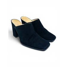 Chanel Vintage CC Logo Black Suede Block Heel Mules 35.5 Square Toe Slides Italy