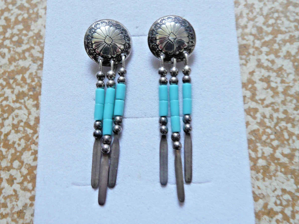 Boucles D'oreilles Clips Vintage - Métal Argenté Et Pierre Turquoise - Très Bon état