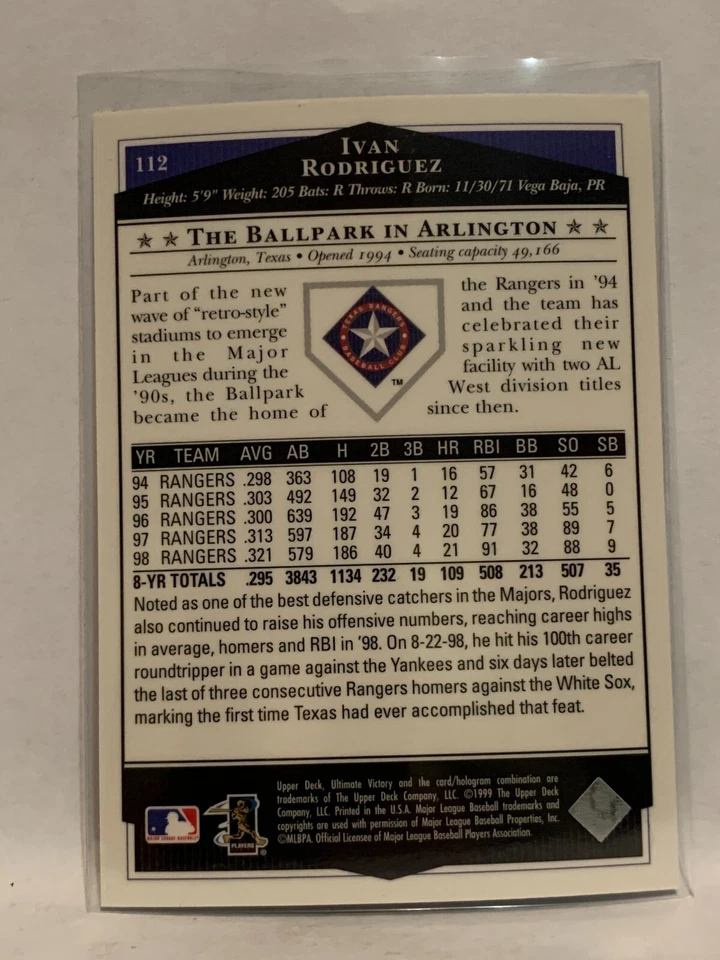 #112 Ivan Rodriguez Texas Rangers 1999 Ultimate Victory Baseball Card - Image 2 of 2