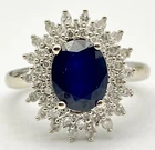 14K White Gold 8.9mm X 7mm Blue Sapphire Diamond Cocktail Ring Size 7