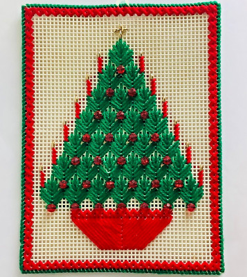 Plastic Canvas Vtg Christmas Tree Wall Hanging Art 10.5 x 8 in Beads Red Green