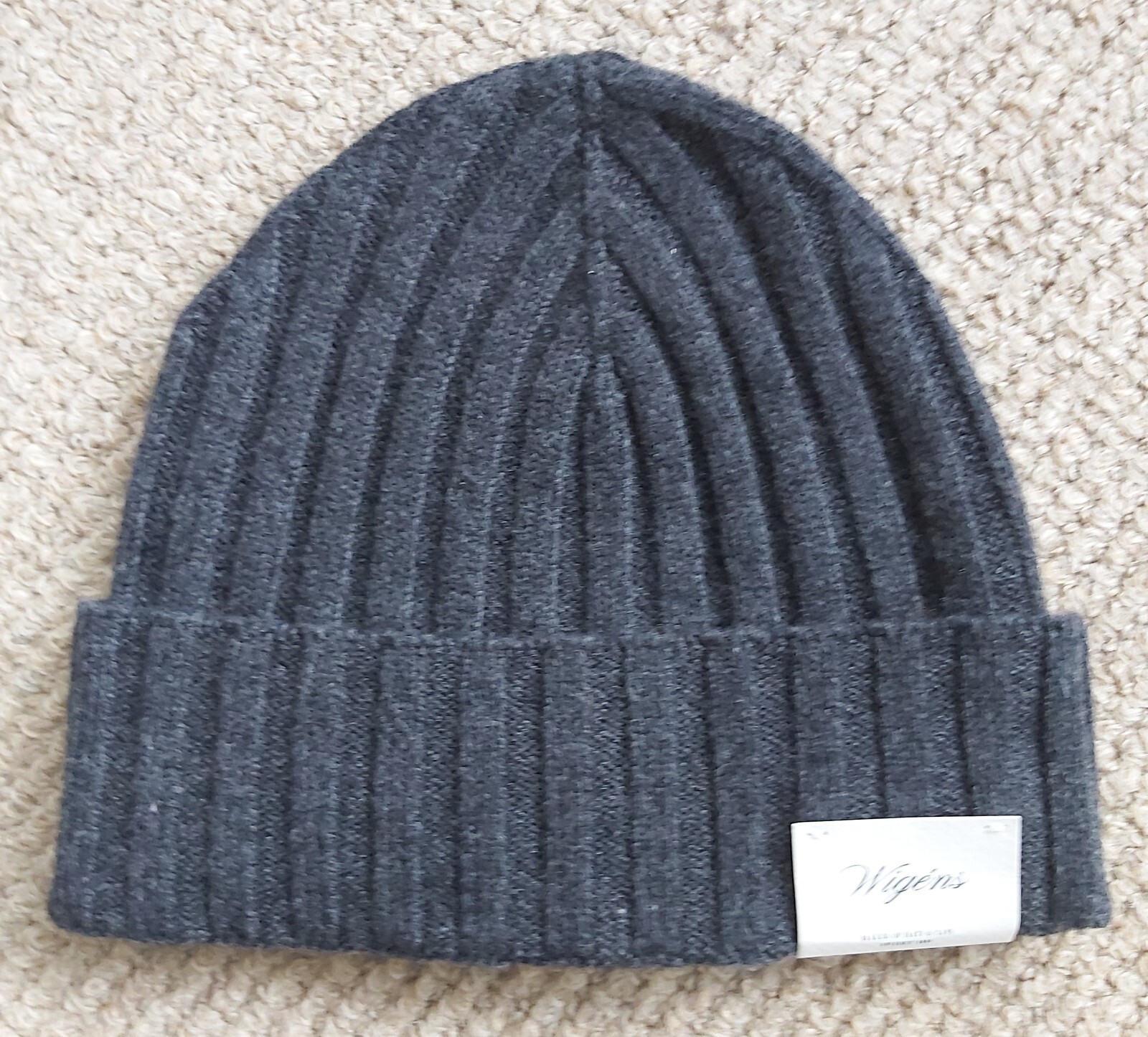 WIGENS of Sweden 100% MERINO WOOL Charcoal Ribbed BEANIE Hat Toque Tags NEW