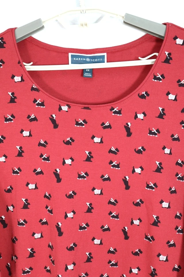 KAREN SCOTT Mujer Algodón Poliéster Túnica Manga 3/4 Cachorro Perro Amante Rojo 2X Foto 4 de 4