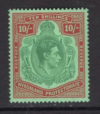 M18080 Nyasaland/Malawi 1938 SG142 - 10/- emerald & deep red/pale green
